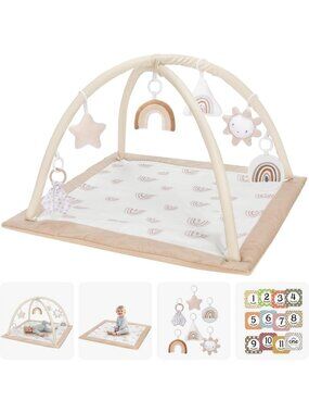 Deluxe Washable Baby Play Gym Mat with 6 Toys & 12 Milestone Cards, Non-Slip